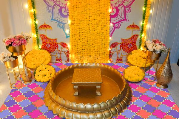 The elephant décor theme idea adds an element of joy to the Haldi ceremony