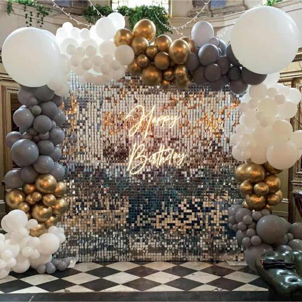 Your birthday party will surely be a hit with our grey and golden theme silver sequin birthday Décor
