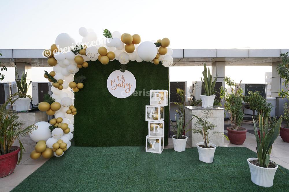 Book CherishX's Golden and White Baby Shower Decor to celebrate the birth of your child in a grand manner!