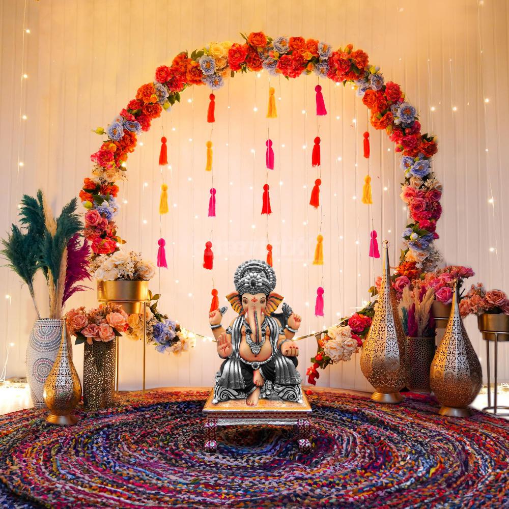 Ganpati decoration items for home | backdrop for pooja room decoration  items for ganapati festival | Sheer net backdrop cloth for pooja decoration  with LED string light | Marigold and green vines garland 10 items