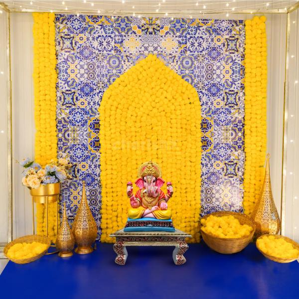 Transform your space into a realm of divine elegance with our Mediterranean-themed Ganesh Chaturthi decor.