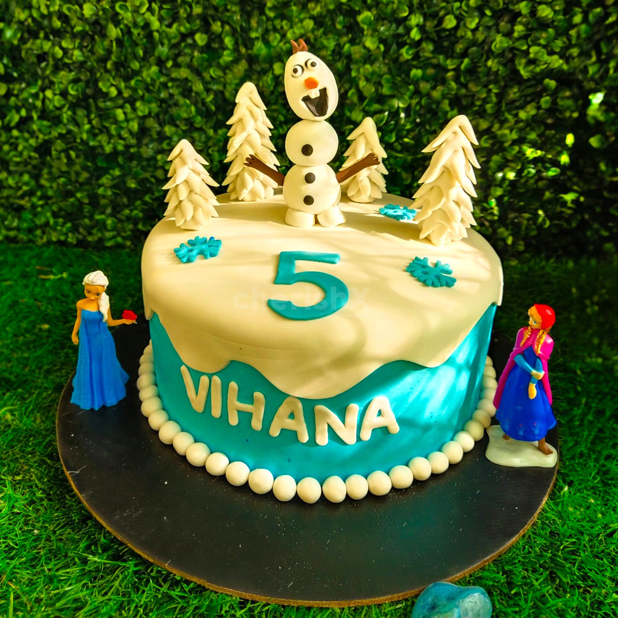 Frozen Theme Second Birthday Cake in Two Tiers & Olaf on top.JPG